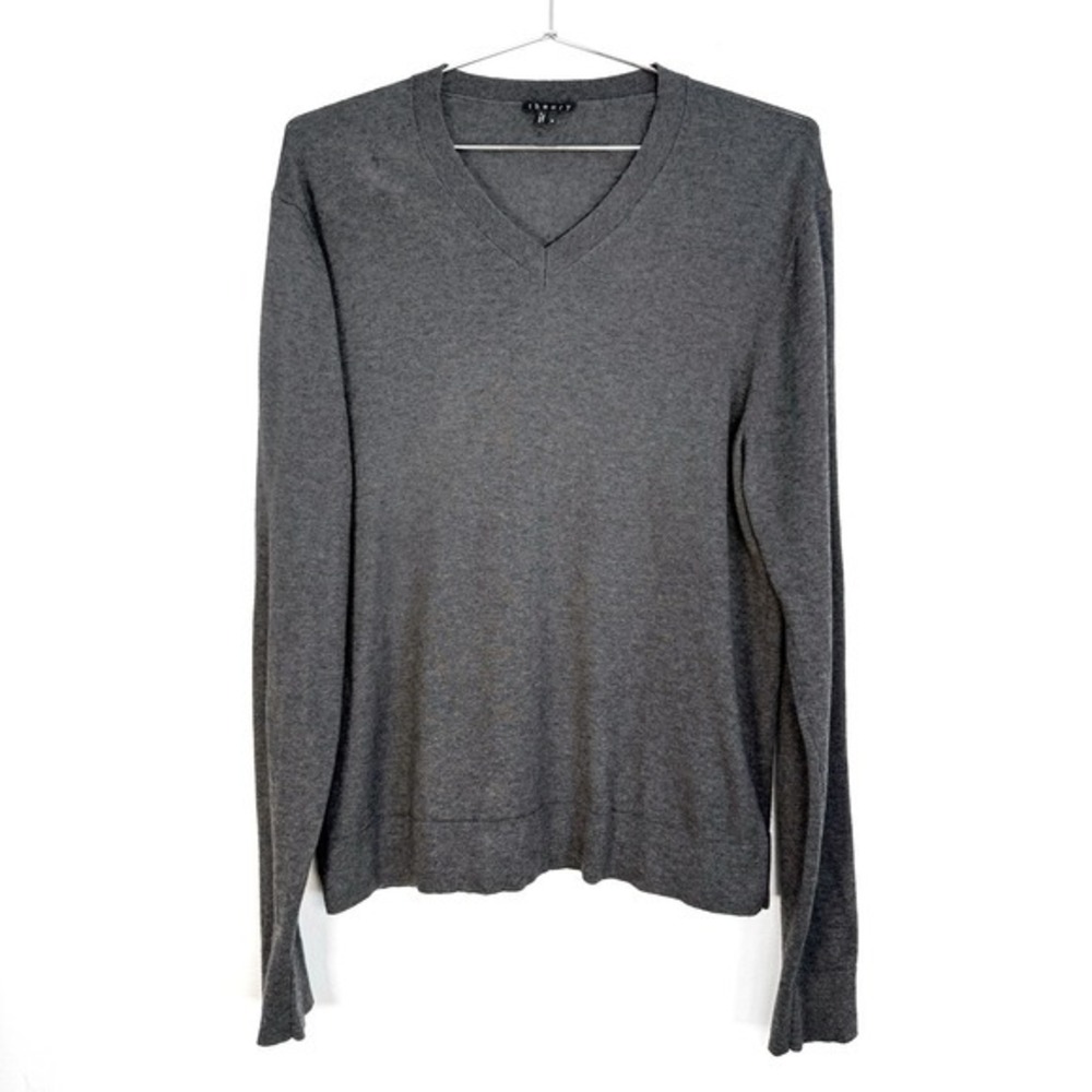 Theory Mens‎ V Neck Long Sleeve Sweater Size Medium Gray Cotton Cashmere Blend